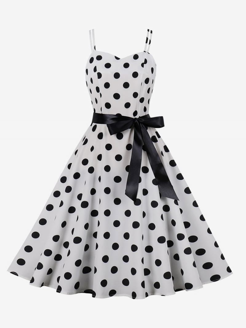 Vestido Vintage Anos 50 Audrey Hepburn Estilo Rosa Bolinhas Rockabilly Feminino Sem Mangas - Branco