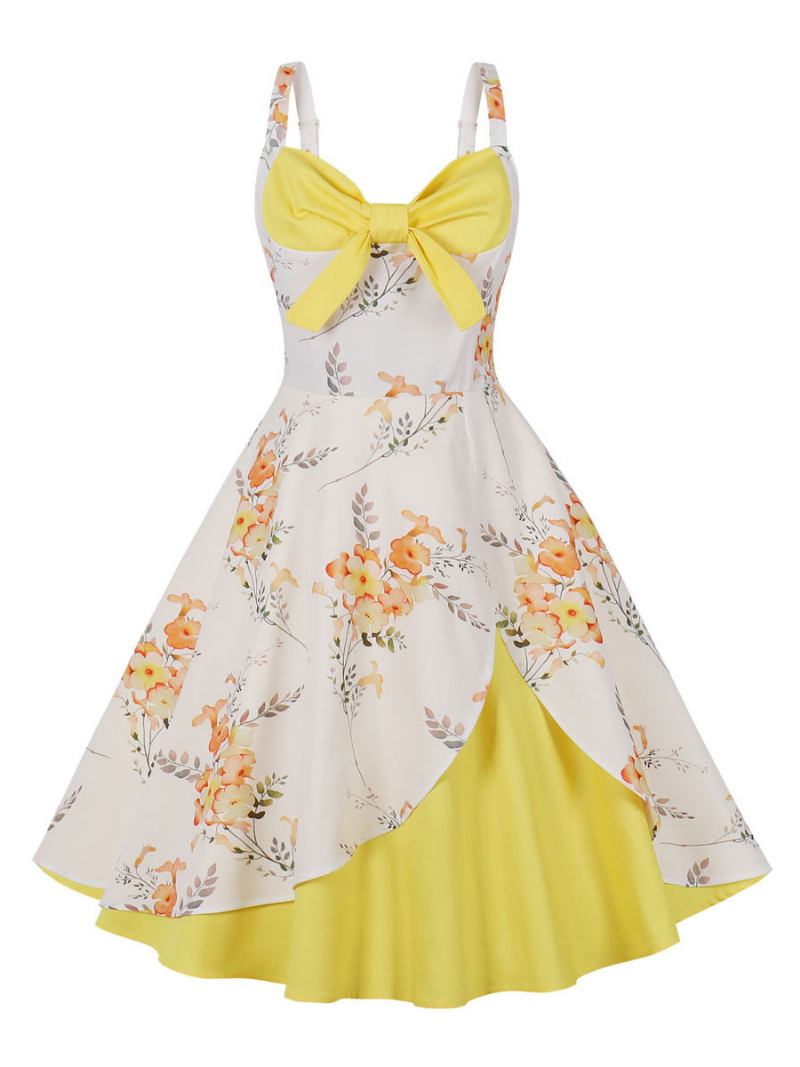 Vestido Vintage Anos 50 Audrey Hepburn Estilo Sem Mangas Feminino Na Altura Do Joelho Floral Estampado Swing - Amarelo