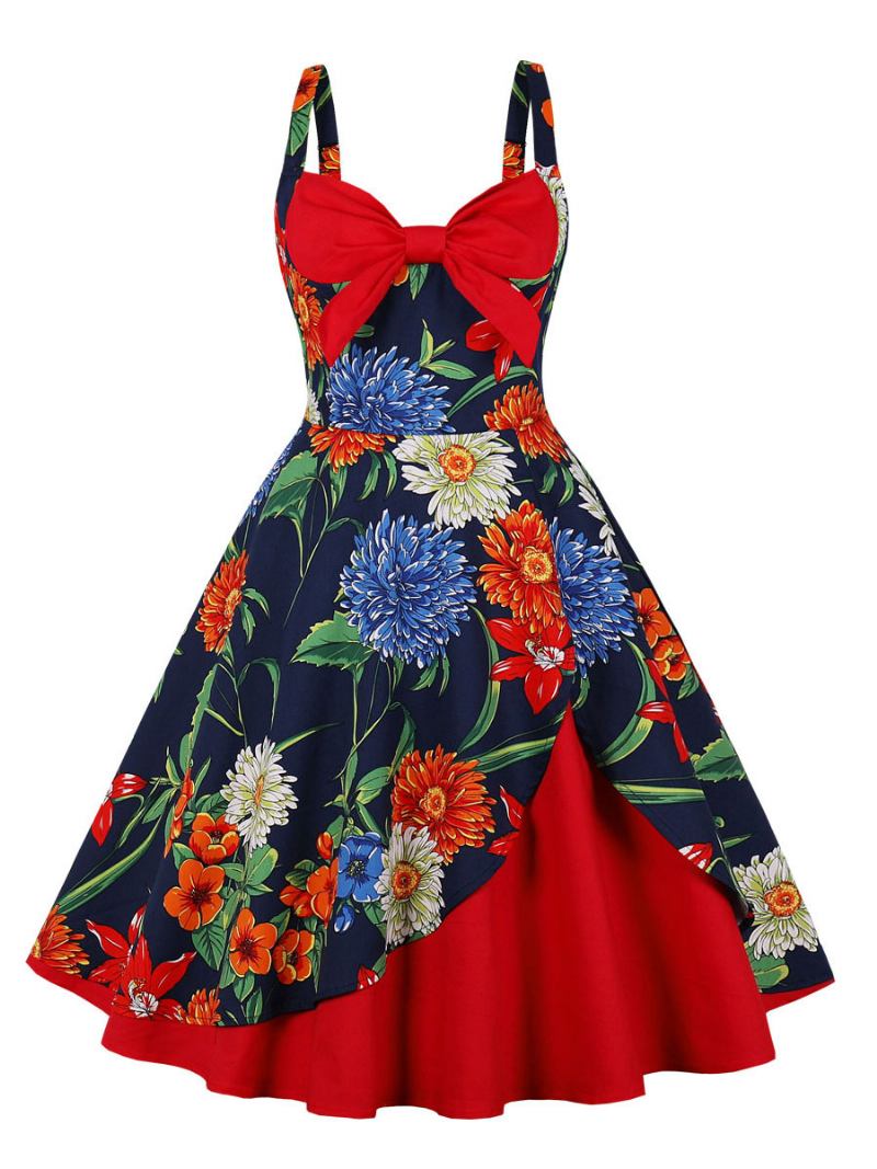 Vestido Vintage Anos 50 Audrey Hepburn Estilo Sem Mangas Feminino Na Altura Do Joelho Floral Estampado Swing - Vermelho