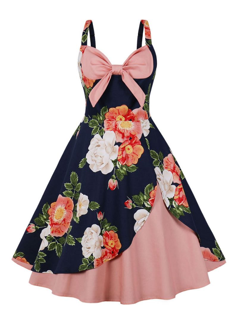 Vestido Vintage Anos 50 Audrey Hepburn Estilo Sem Mangas Feminino Na Altura Do Joelho Floral Estampado Swing - Rosa