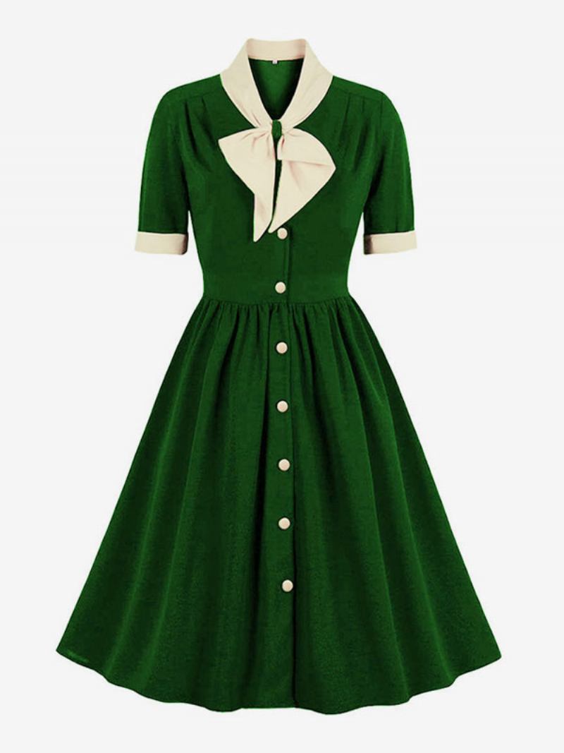 Vestido Vintage Anos 50 Audrey Hepburn Estilo Verde Dois Tons Feminino Babados Manga Curta Rockabilly - Verde 