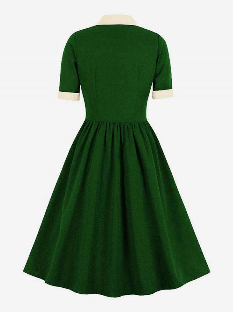 Vestido Vintage Anos 50 Audrey Hepburn Estilo Verde Dois Tons Feminino Babados Manga Curta Rockabilly - Verde 