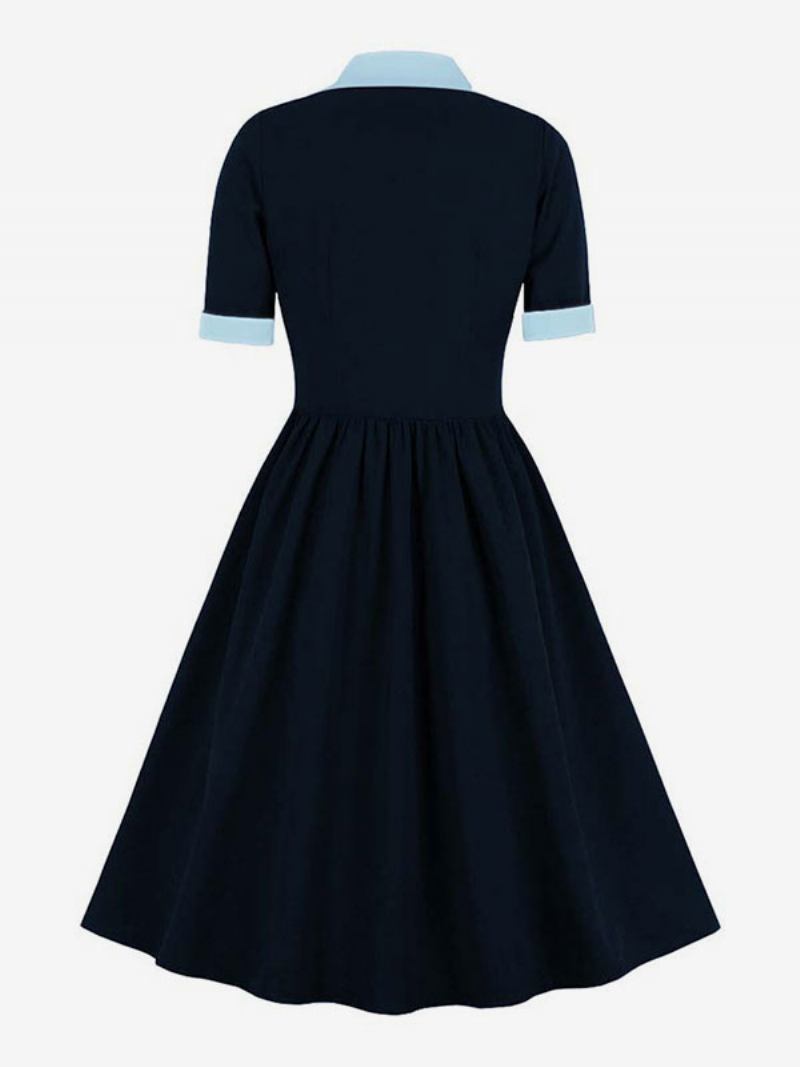 Vestido Vintage Anos 50 Audrey Hepburn Estilo Verde Dois Tons Feminino Babados Manga Curta Rockabilly -  Azul Profundo