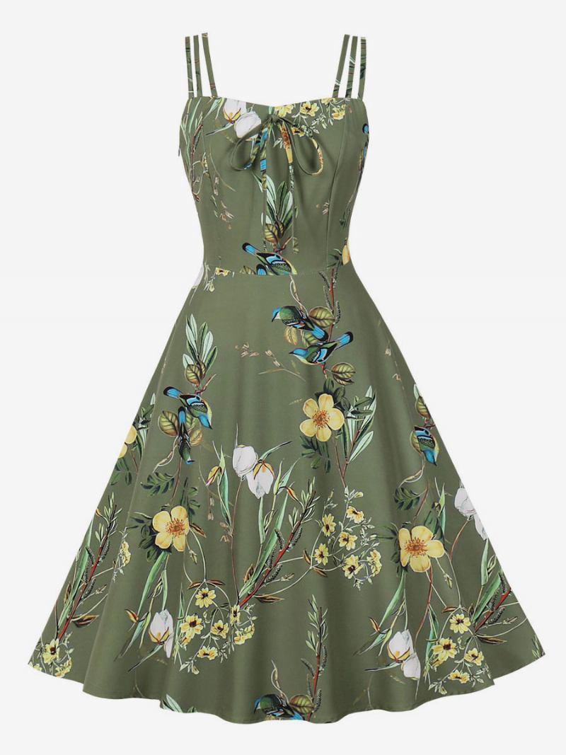 Vestido Vintage Dos Anos 1950 Audrey Hepburn Estilo Sem Costas Mangas Feminino Na Altura Do Joelho Rockabilly Com Estampa Floral - Verde Caçador