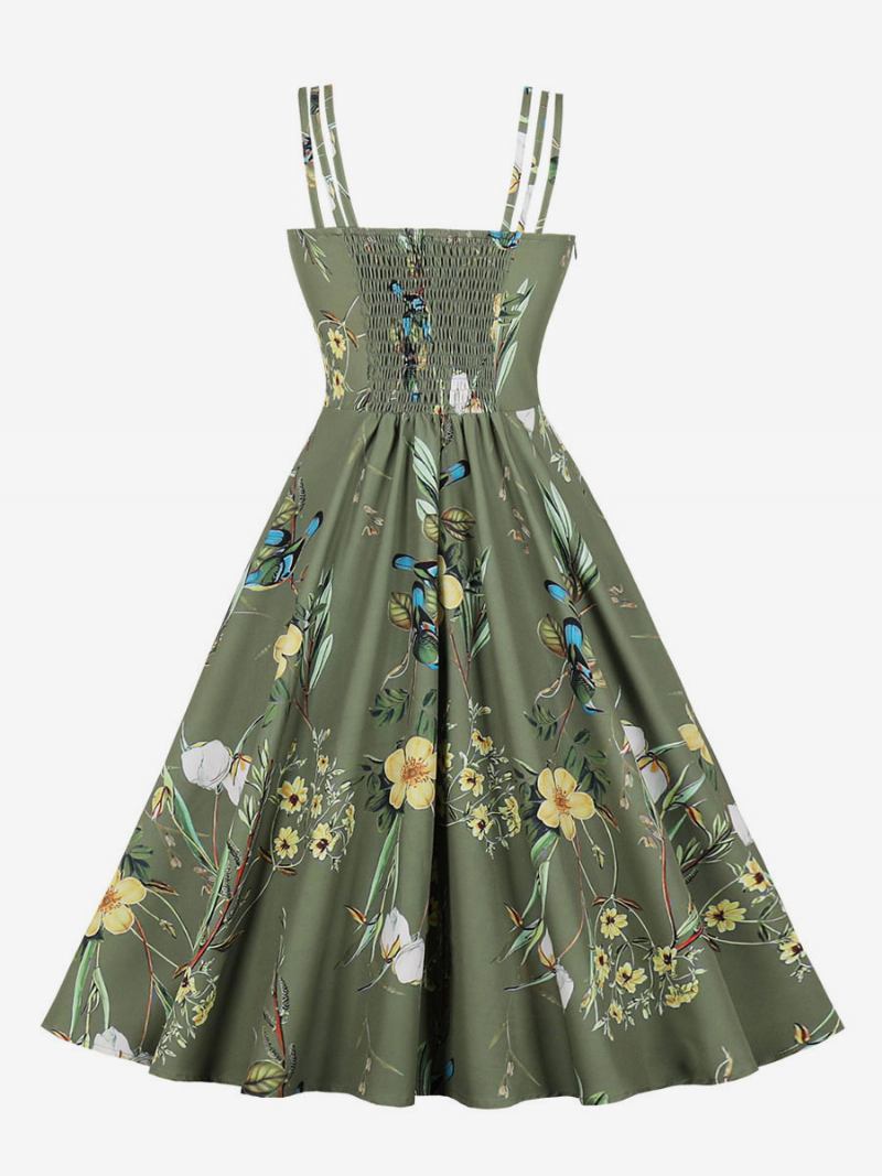 Vestido Vintage Dos Anos 1950 Audrey Hepburn Estilo Sem Costas Mangas Feminino Na Altura Do Joelho Rockabilly Com Estampa Floral - Verde Caçador