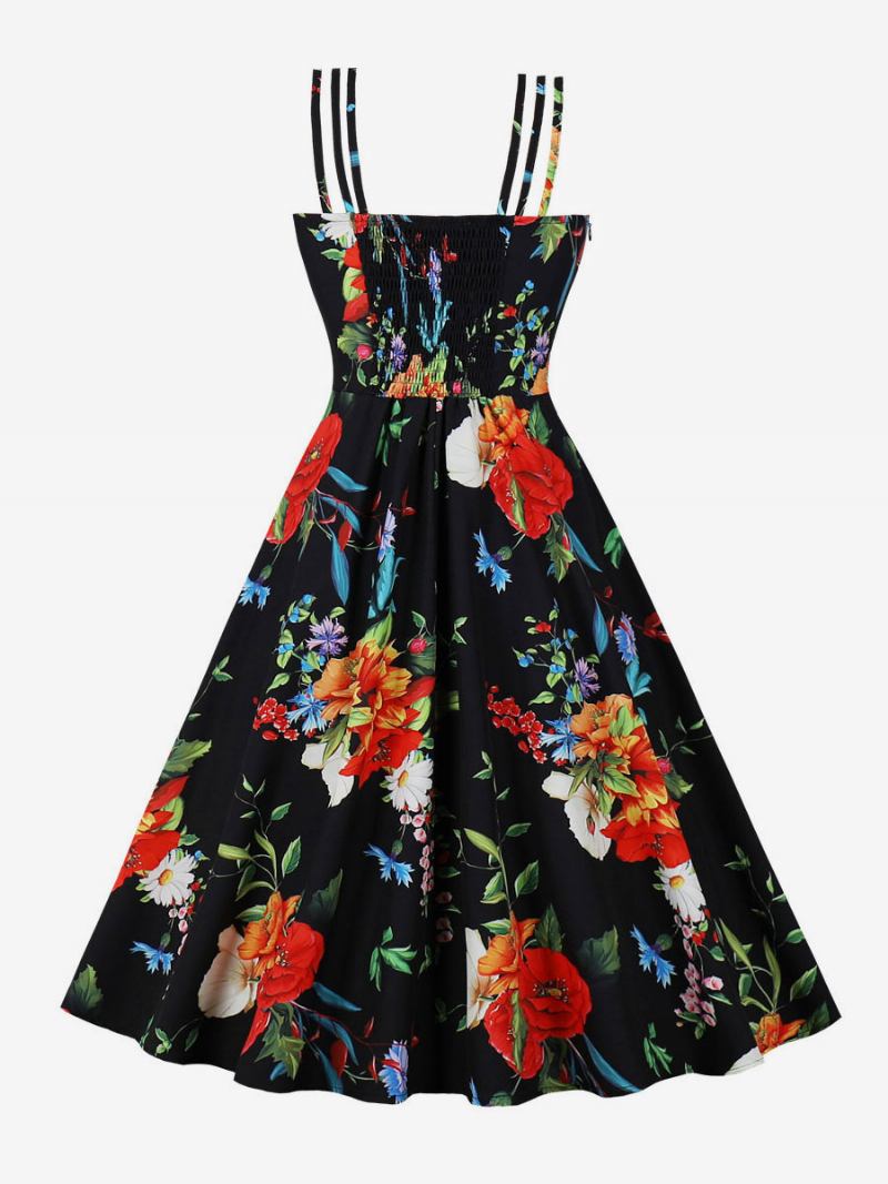 Vestido Vintage Dos Anos 1950 Audrey Hepburn Estilo Sem Costas Mangas Feminino Na Altura Do Joelho Rockabilly Com Estampa Floral - Preto