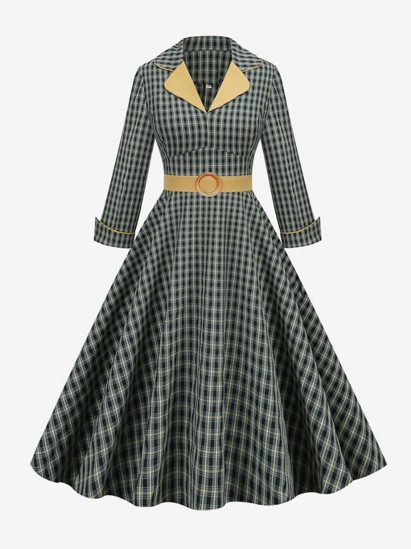 Vestido Vintage Dos Anos 1950 Audrey Hepburn Estilo Turndown Colarinho Manga Comprida Feminino Médio Xadrez Rockabilly