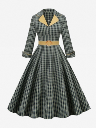 Vestido Vintage Dos Anos 1950 Audrey Hepburn Estilo Turndown Colarinho Manga Comprida Feminino Médio Xadrez Rockabilly