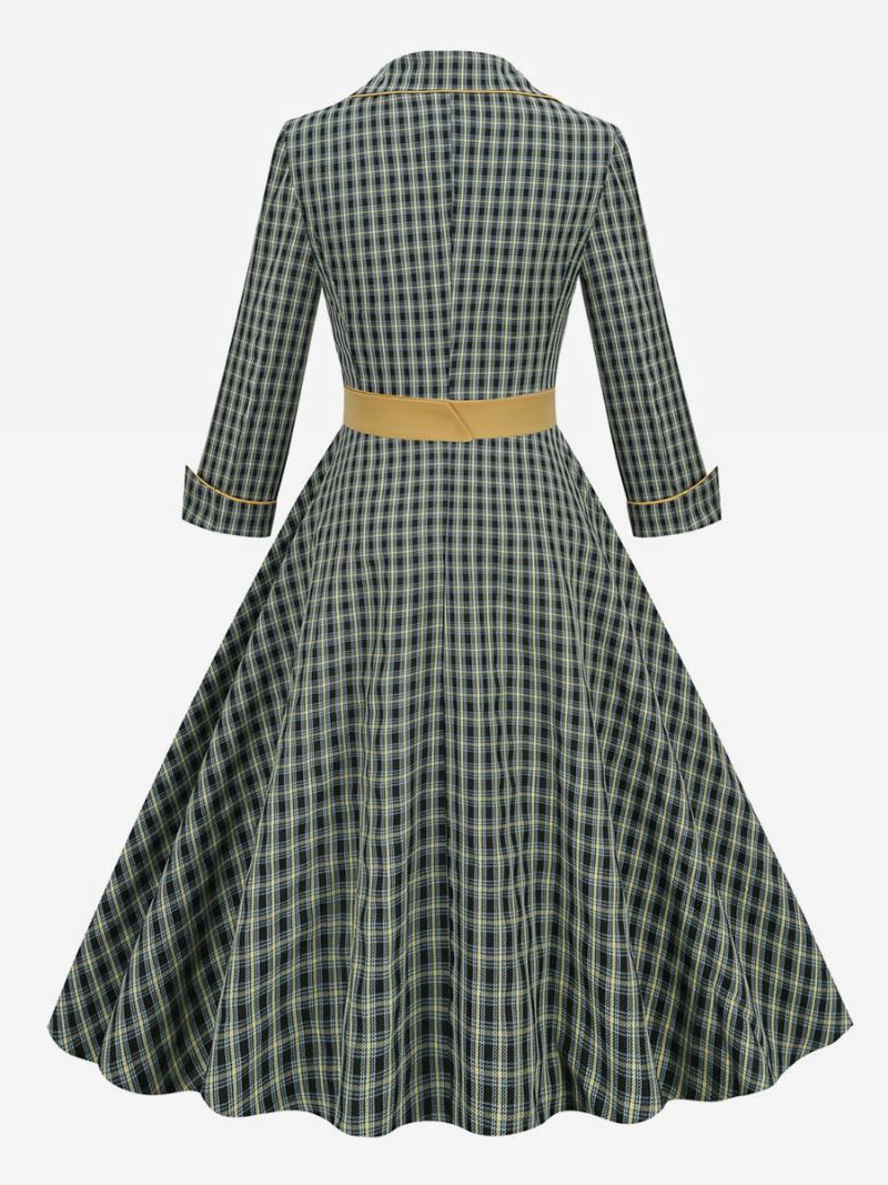 Vestido Vintage Dos Anos 1950 Audrey Hepburn Estilo Turndown Colarinho Manga Comprida Feminino Médio Xadrez Rockabilly - Caçador Verde