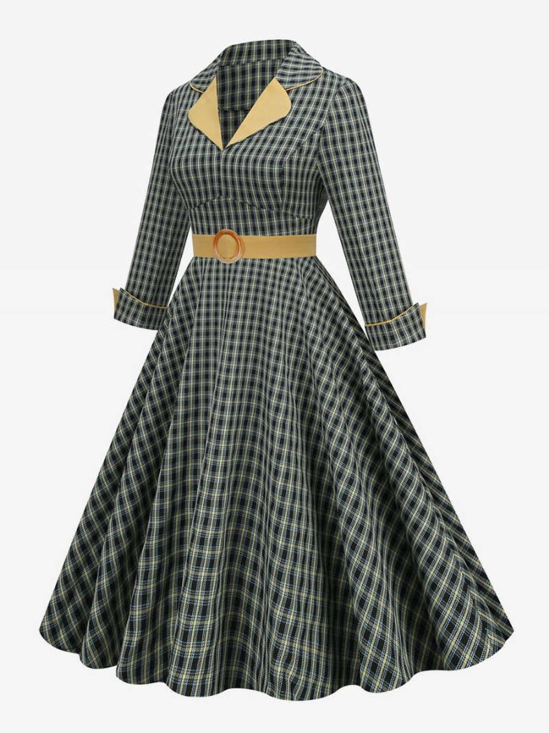 Vestido Vintage Dos Anos 1950 Audrey Hepburn Estilo Turndown Colarinho Manga Comprida Feminino Médio Xadrez Rockabilly - Caçador Verde