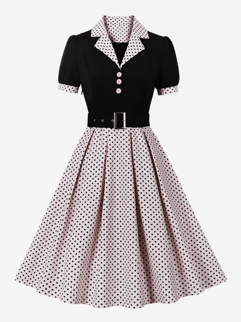 Vestido Vintage Feminino Bolinhas Rosa Dos Anos 1950 Audrey Hepburn Estilo Faixa Manga Curta Decote Em V Na Altura Do Joelho Swing