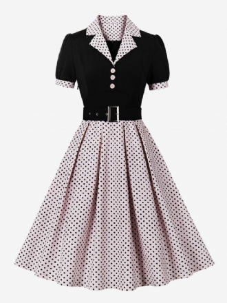 Vestido Vintage Feminino Bolinhas Rosa Dos Anos 1950 Audrey Hepburn Estilo Faixa Manga Curta Decote Em V Na Altura Do Joelho Swing