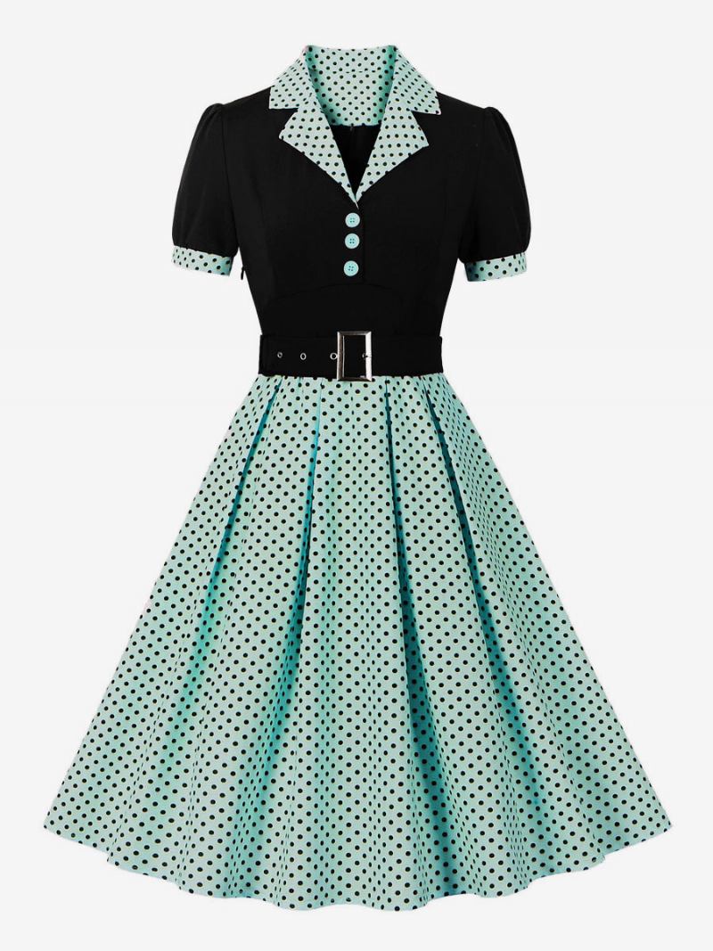 Vestido Vintage Feminino Bolinhas Rosa Dos Anos 1950 Audrey Hepburn Estilo Faixa Manga Curta Decote Em V Na Altura Do Joelho Swing - Verde Claro