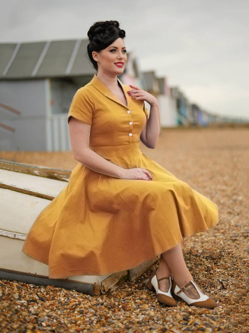 Vestido Vintage Feminino Com Gola Aberta E Botões Estilo Audrey Hepburn Dos Anos 1950 Rockabilly Amarelo Médio Mangas Curtas