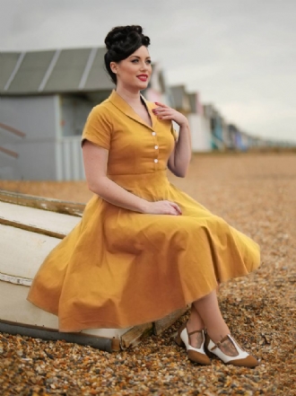 Vestido Vintage Feminino Com Gola Aberta E Botões Estilo Audrey Hepburn Dos Anos 1950 Rockabilly Amarelo Médio Mangas Curtas