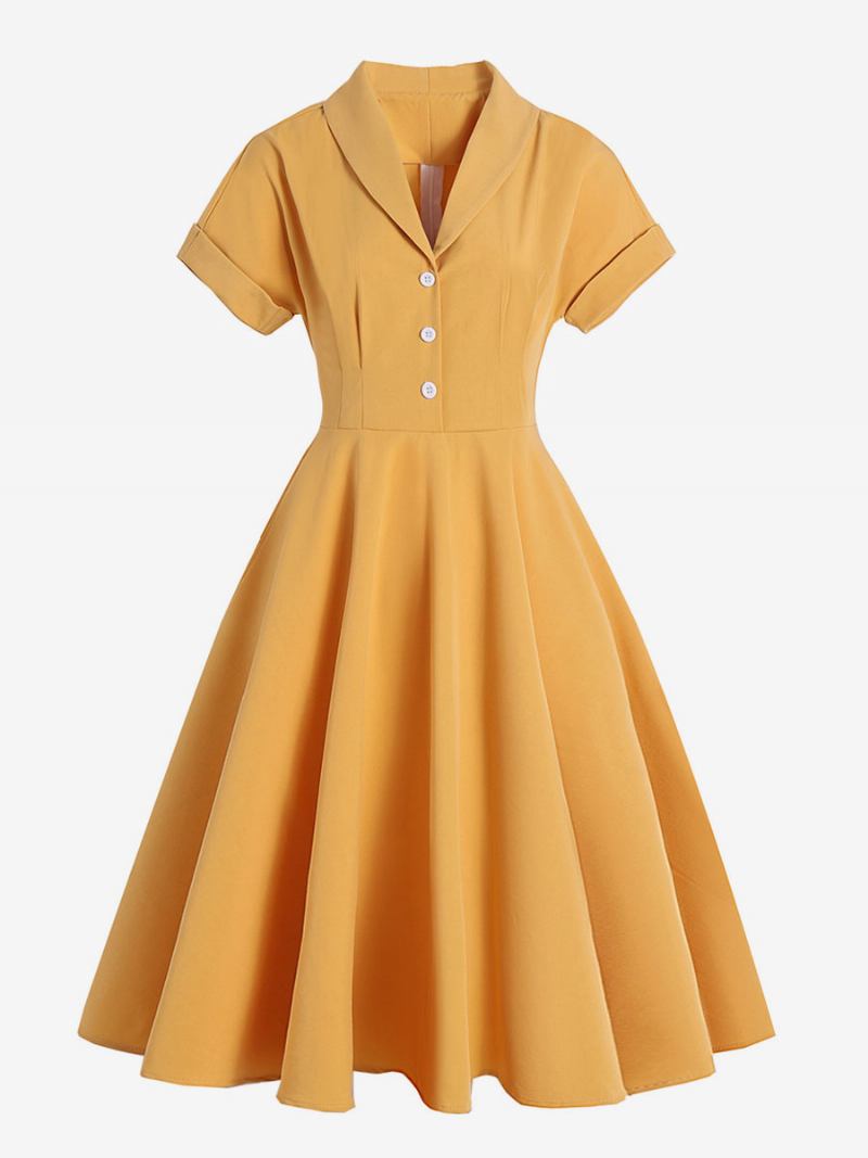 Vestido Vintage Feminino Com Gola Aberta E Botões Estilo Audrey Hepburn Dos Anos 1950 Rockabilly Amarelo Médio Mangas Curtas - Amarelo