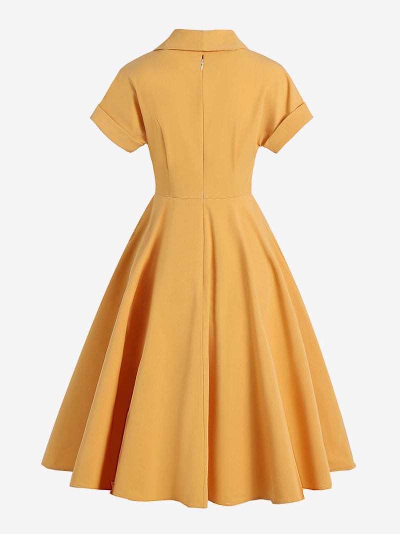 Vestido Vintage Feminino Com Gola Aberta E Botões Estilo Audrey Hepburn Dos Anos 1950 Rockabilly Amarelo Médio Mangas Curtas - Amarelo