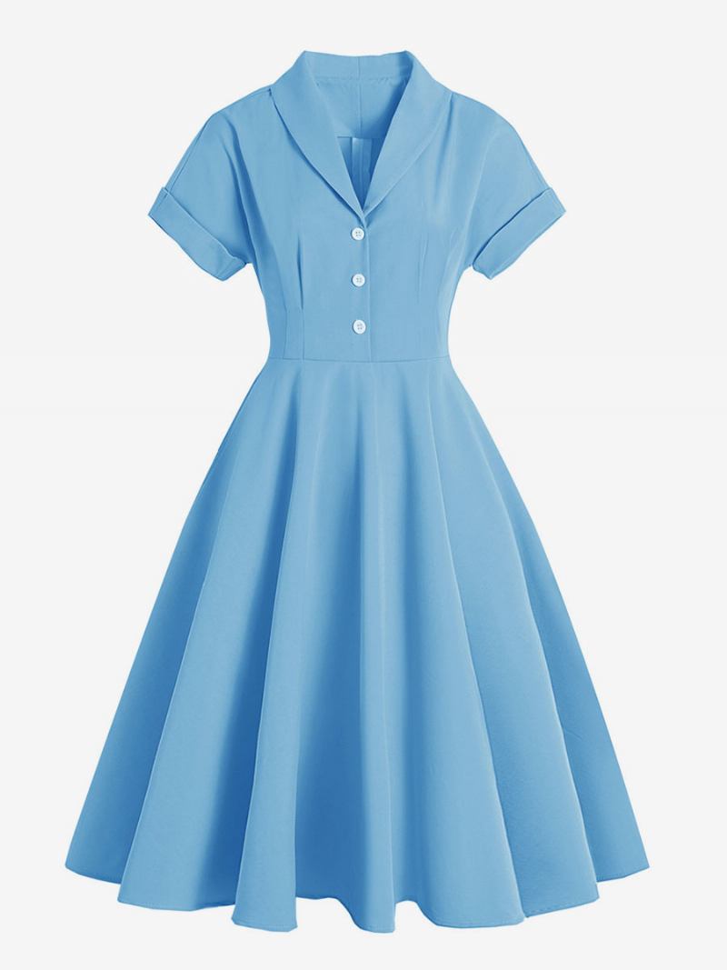 Vestido Vintage Feminino Com Gola Aberta E Botões Estilo Audrey Hepburn Dos Anos 1950 Rockabilly Amarelo Médio Mangas Curtas - Azul Céu Claro