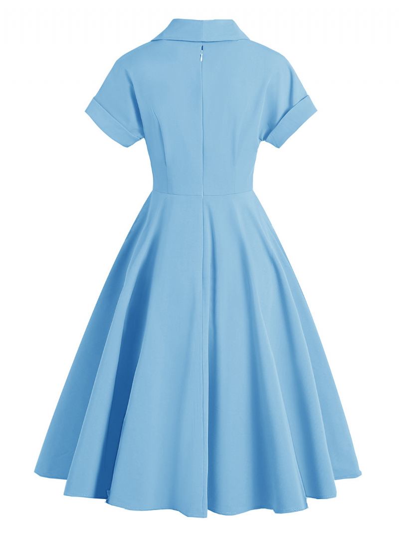 Vestido Vintage Feminino Com Gola Aberta E Botões Estilo Audrey Hepburn Dos Anos 1950 Rockabilly Amarelo Médio Mangas Curtas - Azul Céu Claro