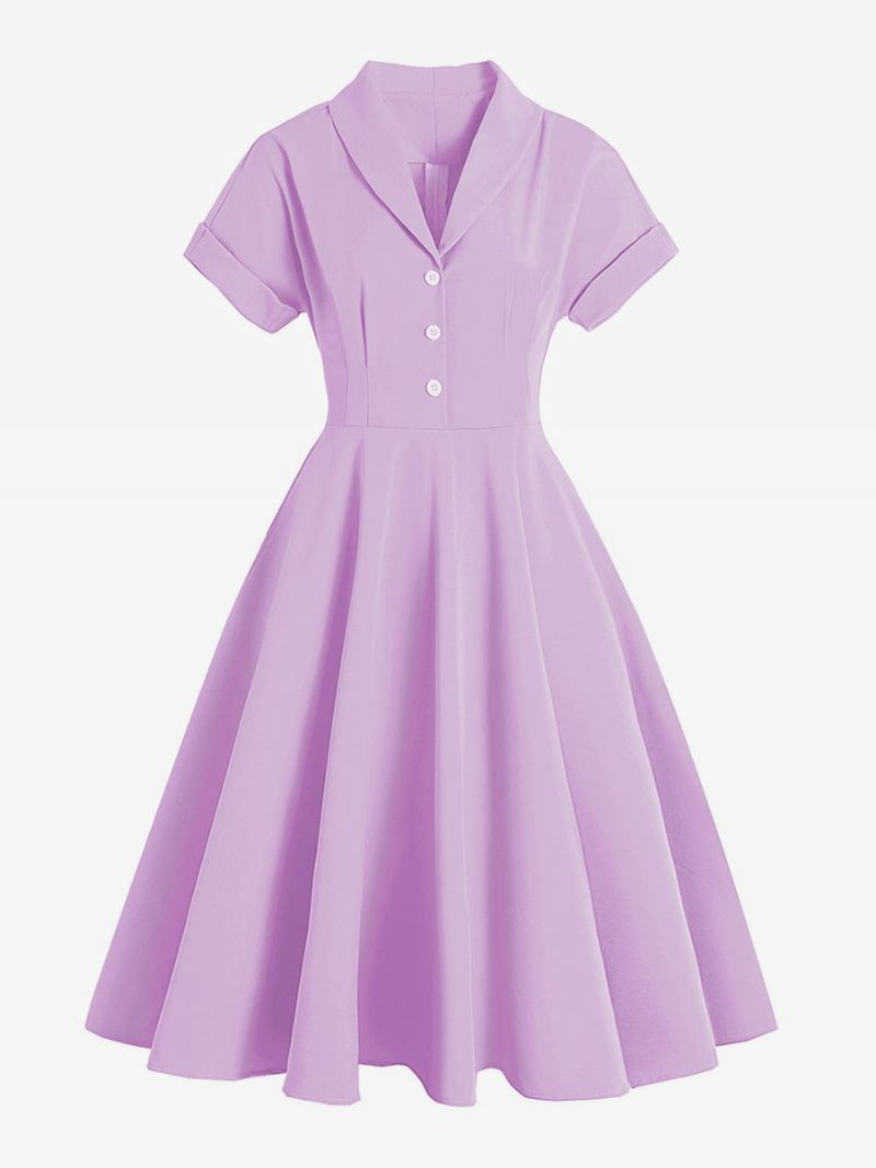 Vestido Vintage Feminino Com Gola Aberta E Botões Estilo Audrey Hepburn Dos Anos 1950 Rockabilly Amarelo Médio Mangas Curtas - Rosa Fúcsia