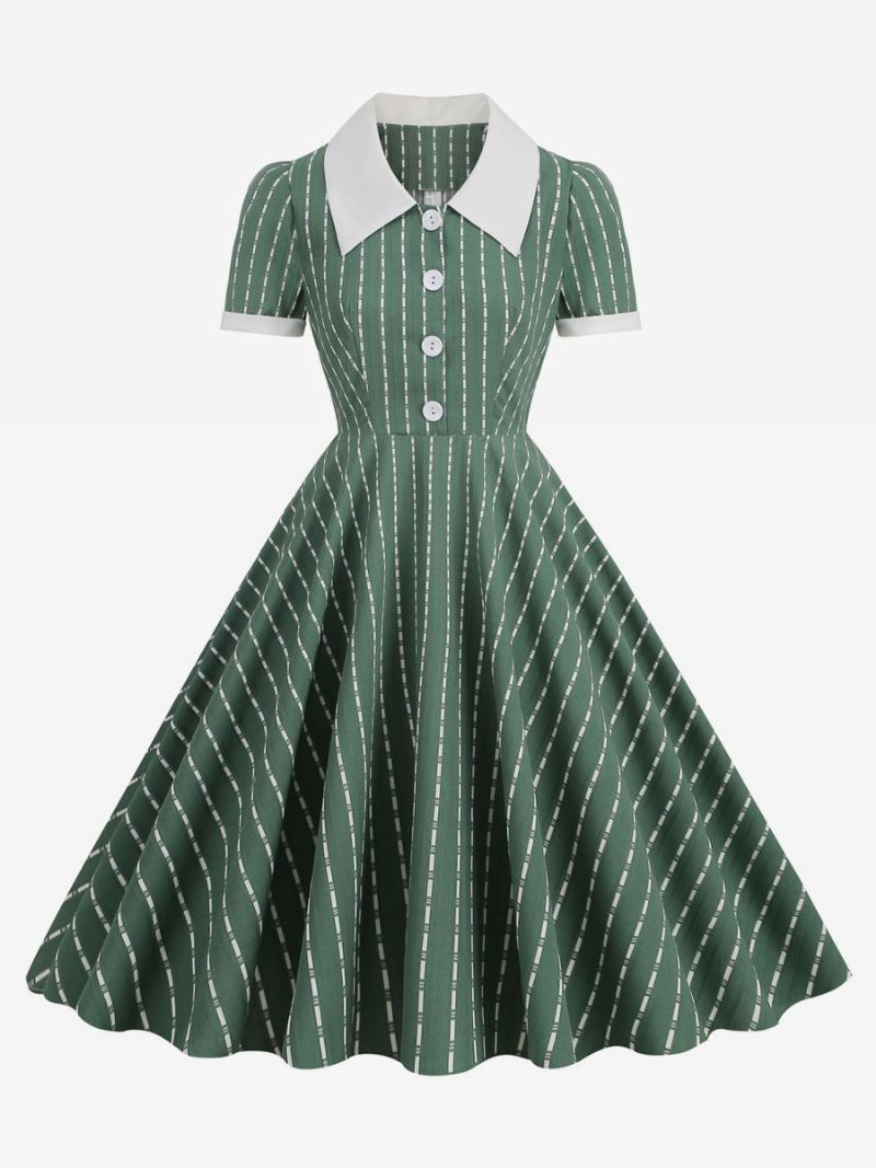 Vestido Vintage Feminino Peter Pan Colarinho Botões 1950s Audrey Hepburn Estilo Manga Curta Bloco Cor Médio Escuro Balanço Marinho