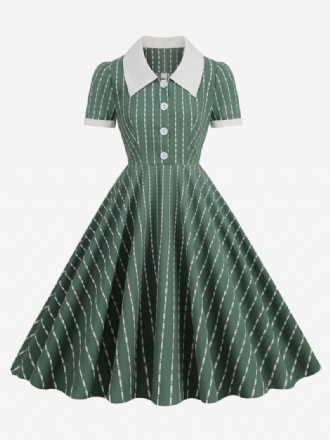 Vestido Vintage Feminino Peter Pan Colarinho Botões 1950s Audrey Hepburn Estilo Manga Curta Bloco Cor Médio Escuro Balanço Marinho