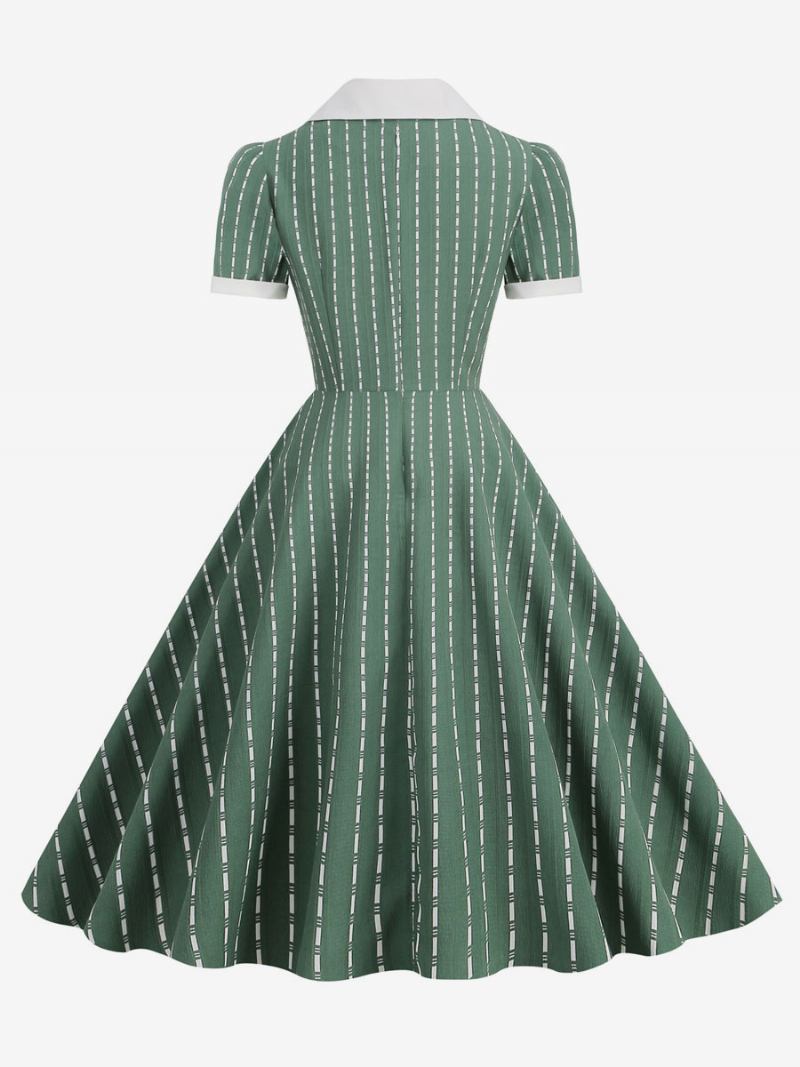 Vestido Vintage Feminino Peter Pan Colarinho Botões 1950s Audrey Hepburn Estilo Manga Curta Bloco Cor Médio Escuro Balanço Marinho - Verde