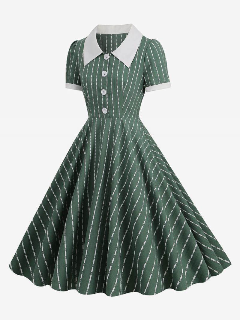 Vestido Vintage Feminino Peter Pan Colarinho Botões 1950s Audrey Hepburn Estilo Manga Curta Bloco Cor Médio Escuro Balanço Marinho - Verde