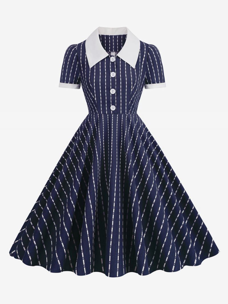 Vestido Vintage Feminino Peter Pan Colarinho Botões 1950s Audrey Hepburn Estilo Manga Curta Bloco Cor Médio Escuro Balanço Marinho - Marinho Escuro