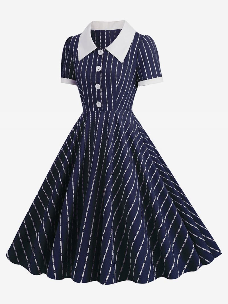 Vestido Vintage Feminino Peter Pan Colarinho Botões 1950s Audrey Hepburn Estilo Manga Curta Bloco Cor Médio Escuro Balanço Marinho - Marinho Escuro