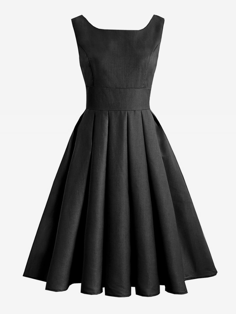 Vestido Vintage Feminino Preto Estilo Audrey Hepburn Dos Anos 1950 Plissado Sem Mangas Gola Quadrada Rockabilly Médio