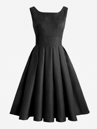 Vestido Vintage Feminino Preto Estilo Audrey Hepburn Dos Anos 1950 Plissado Sem Mangas Gola Quadrada Rockabilly Médio