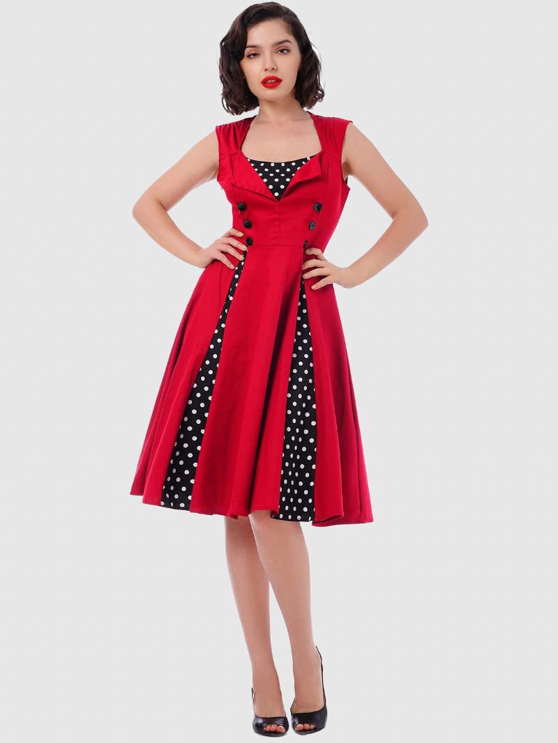 Vestido Vintage Vermelho Bolinhas Gola Quadrada Sem Mangas Slim Fit Skatista Circular Para Mulheres