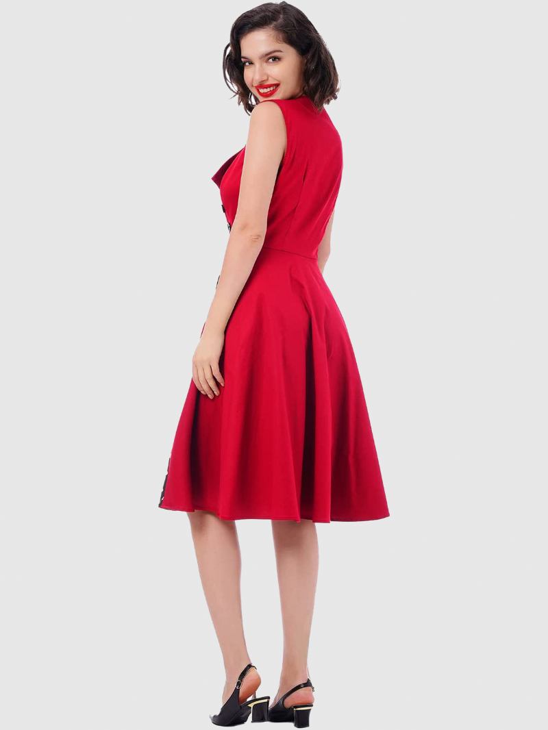 Vestido Vintage Vermelho Bolinhas Gola Quadrada Sem Mangas Slim Fit Skatista Circular Para Mulheres - Vermelho