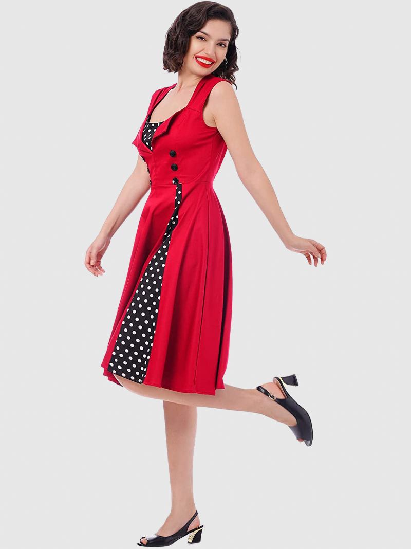 Vestido Vintage Vermelho Bolinhas Gola Quadrada Sem Mangas Slim Fit Skatista Circular Para Mulheres - Vermelho