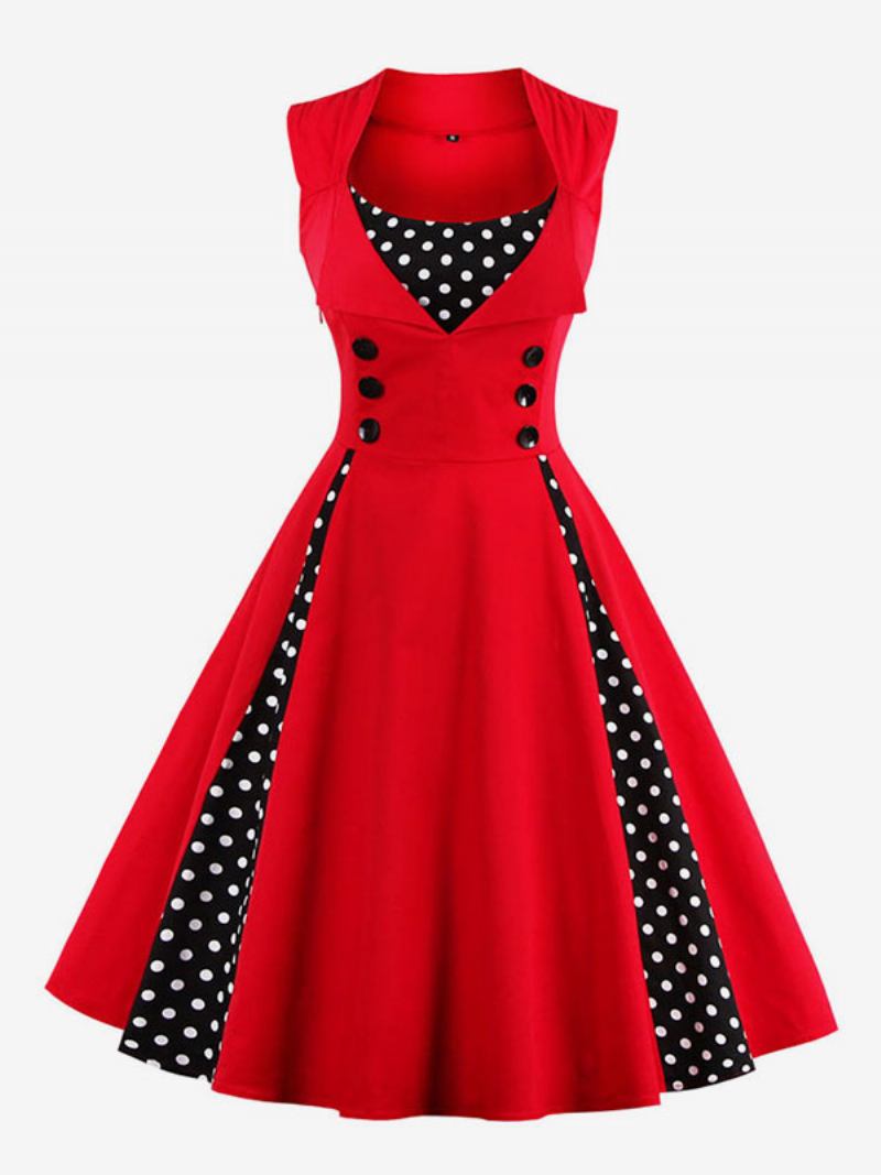 Vestido Vintage Vermelho Bolinhas Gola Quadrada Sem Mangas Slim Fit Skatista Circular Para Mulheres - Vermelho