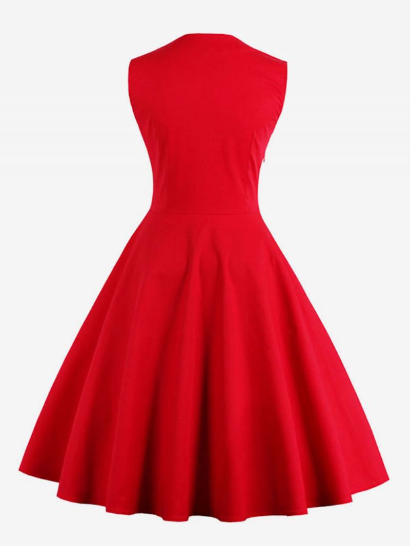 Vestido Vintage Vermelho Bolinhas Gola Quadrada Sem Mangas Slim Fit Skatista Circular Para Mulheres - Vermelho