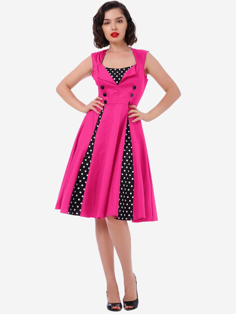 Vestido Vintage Vermelho Bolinhas Gola Quadrada Sem Mangas Slim Fit Skatista Circular Para Mulheres - Rosa