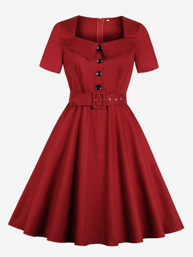 Vestido Vintage Vermelho Feminino Dos Anos 1950 Audrey Hepburn Estilo Gola Quadrada Manga Curta Botões Retrô