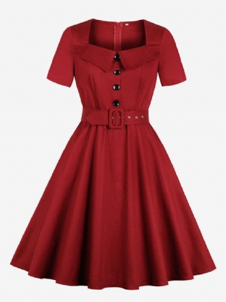 Vestido Vintage Vermelho Feminino Dos Anos 1950 Audrey Hepburn Estilo Gola Quadrada Manga Curta Botões Retrô