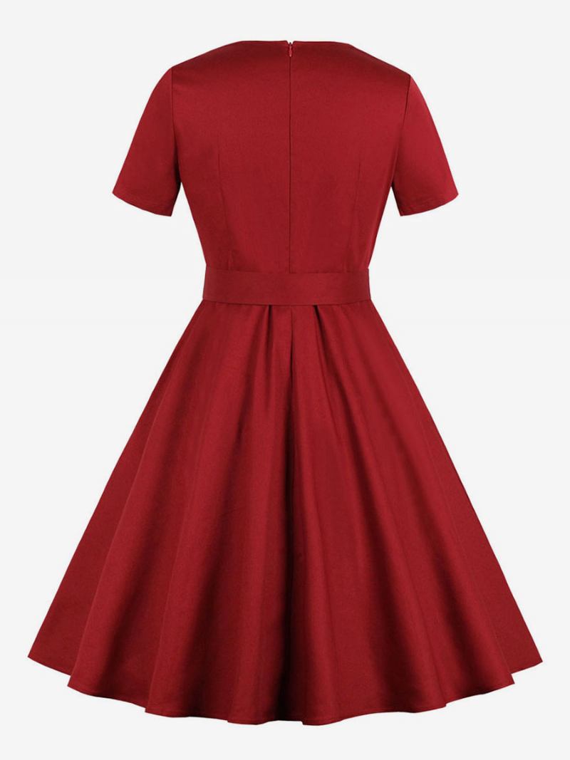 Vestido Vintage Vermelho Feminino Dos Anos 1950 Audrey Hepburn Estilo Gola Quadrada Manga Curta Botões Retrô - Vermelho Escuro