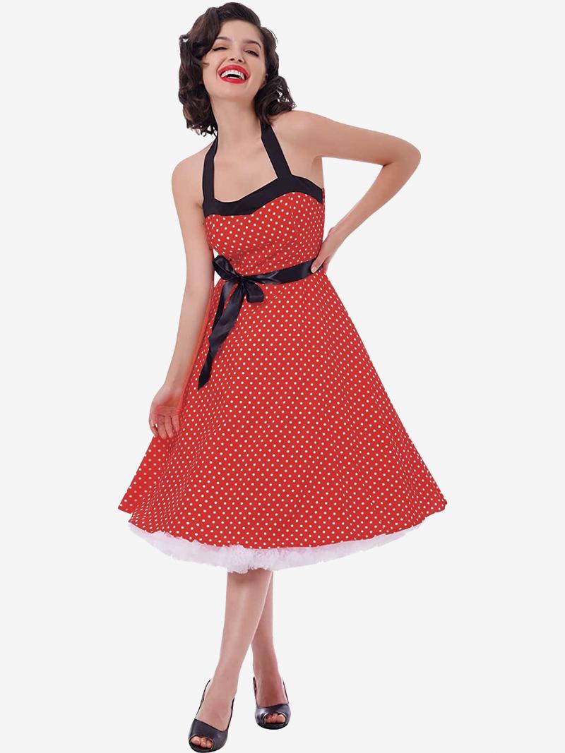 Vestidos Femininos Vintage Bolinhas Halter Arcos Sem Costas Algodão Retrô Pin Up Vestido