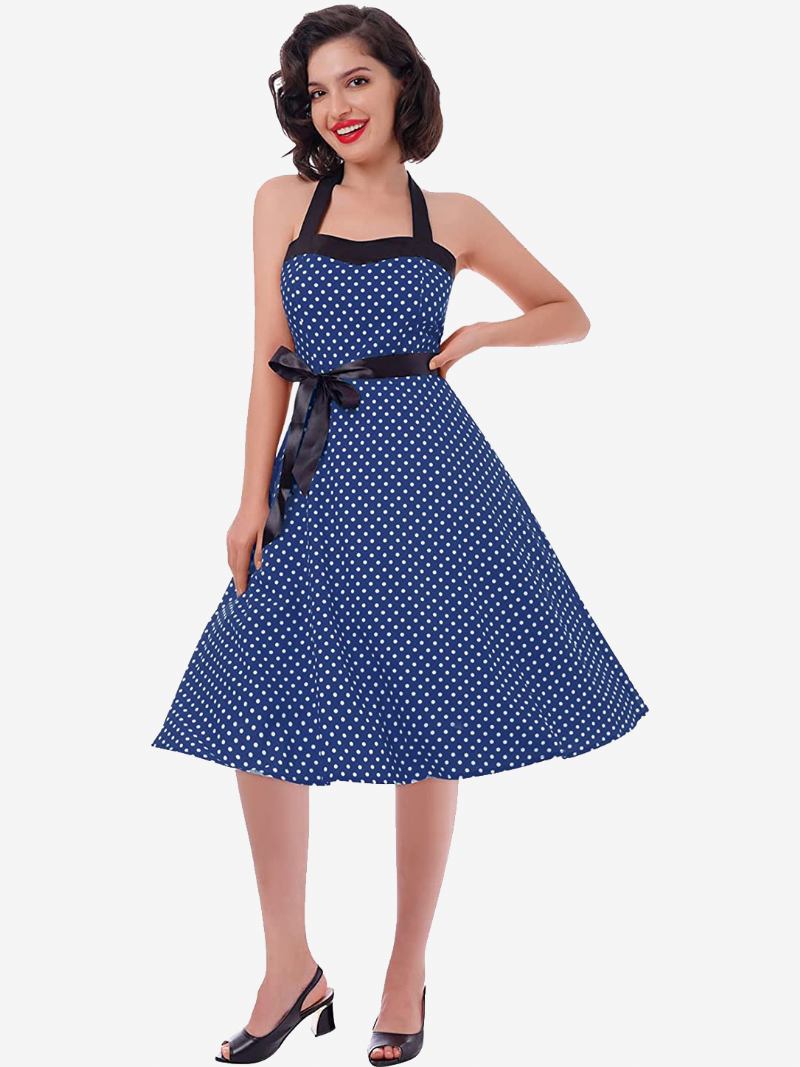 Vestidos Femininos Vintage Bolinhas Halter Arcos Sem Costas Algodão Retrô Pin Up Vestido - Marinho Escuro