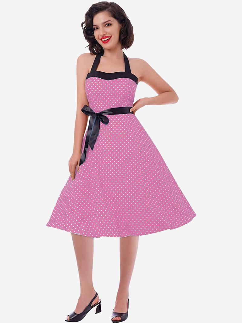 Vestidos Femininos Vintage Bolinhas Halter Arcos Sem Costas Algodão Retrô Pin Up Vestido - Rosa