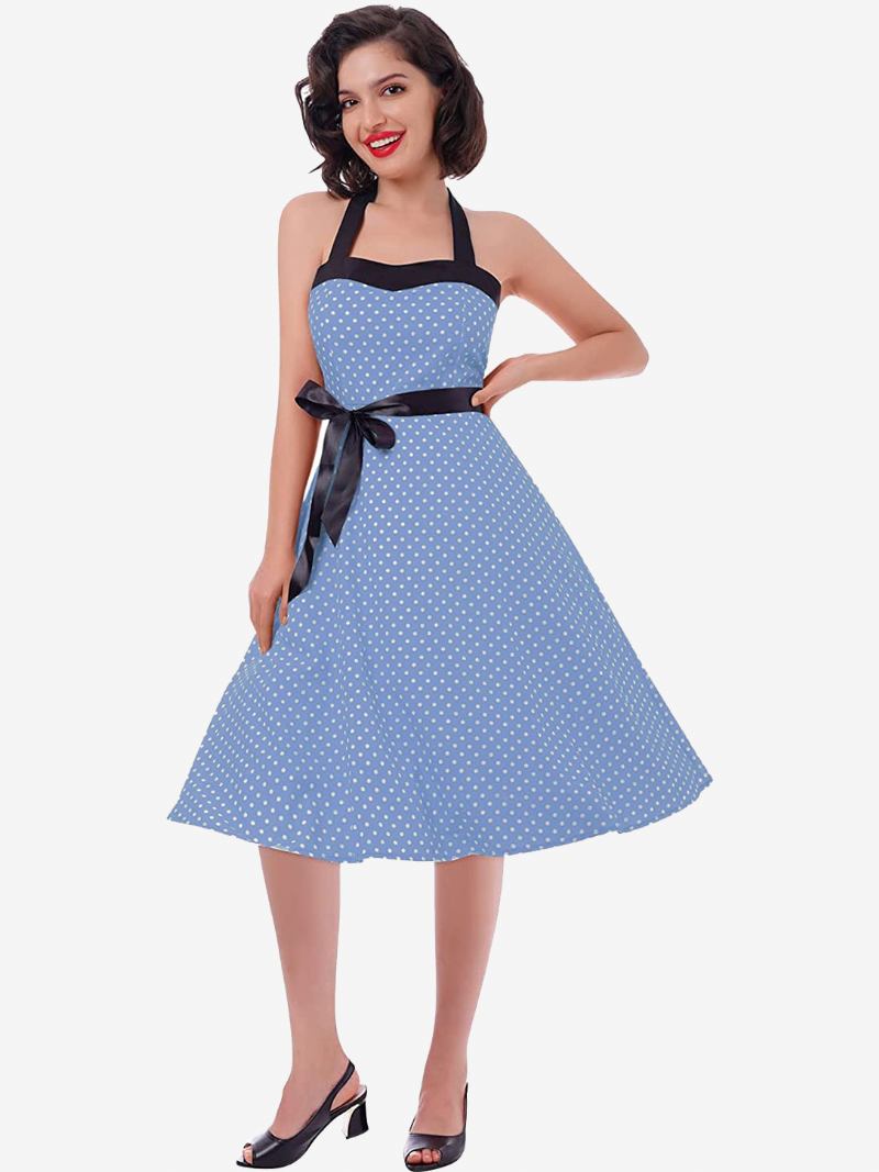 Vestidos Femininos Vintage Bolinhas Halter Arcos Sem Costas Algodão Retrô Pin Up Vestido - Azul Céu Claro