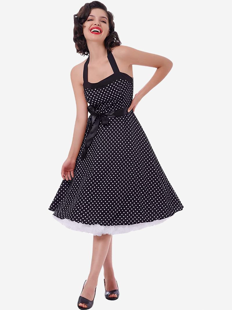 Vestidos Femininos Vintage Bolinhas Halter Arcos Sem Costas Algodão Retrô Pin Up Vestido - Preto