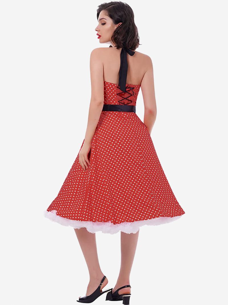 Vestidos Femininos Vintage Bolinhas Halter Arcos Sem Costas Algodão Retrô Pin Up Vestido - Borgonha