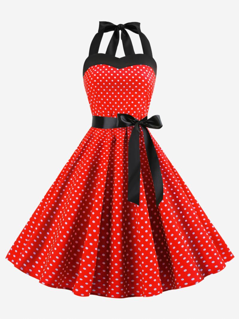 Vestidos Femininos Vintage Bolinhas Halter Arcos Sem Costas Algodão Retrô Pin Up Vestido - Borgonha