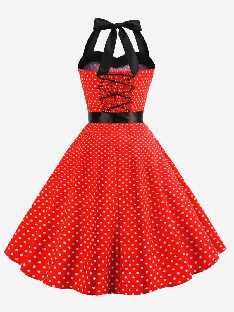 Vestidos Femininos Vintage Bolinhas Halter Arcos Sem Costas Algodão Retrô Pin Up Vestido - Borgonha