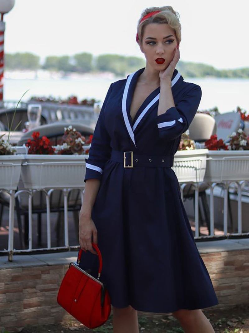 Vestidos Vintage Femininos Anos 1950. Estilo Audrey Hepburn Azul Marinho Escuro Dois Tons Cinto Manga Comprida Decote Em V Vestido Midi